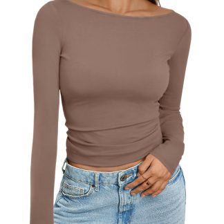 Women's brown one-shoulder long-sleeved cropped top