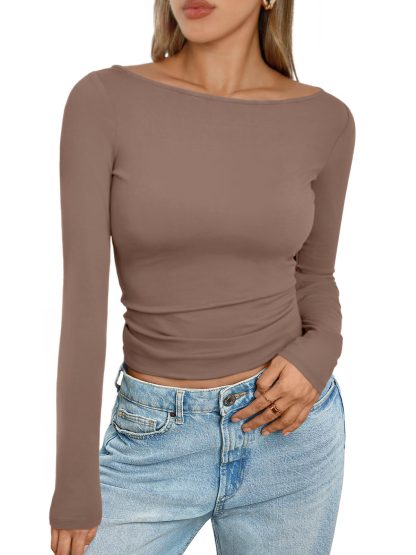 Women's brown one-shoulder long-sleeved cropped top