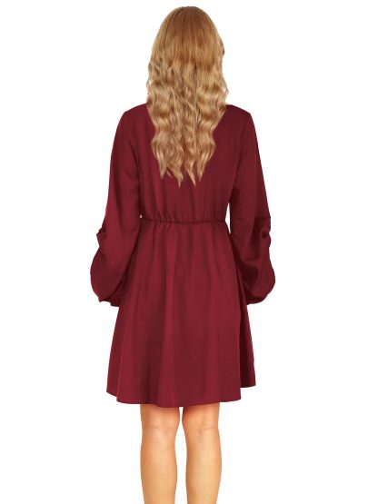 Vintage Burgundy Hollow Lace-up Lantern Sleeve Dress - Image 4
