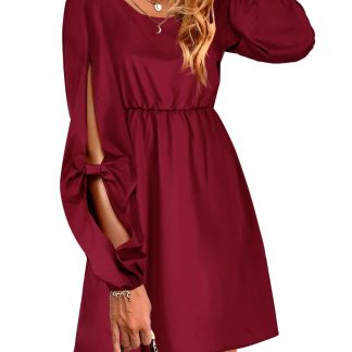 Vintage Burgundy Hollow Lace-up Lantern Sleeve Dress