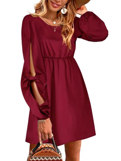Vintage Burgundy Hollow Lace-up Lantern Sleeve Dress