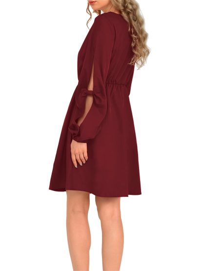Vintage Burgundy Hollow Lace-up Lantern Sleeve Dress - Image 2