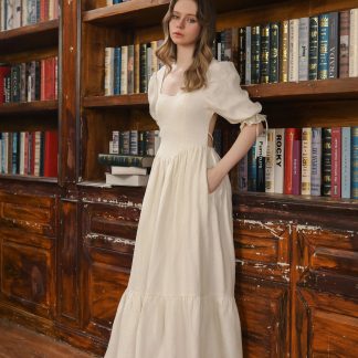 French open-back puff-sleeve linen dress