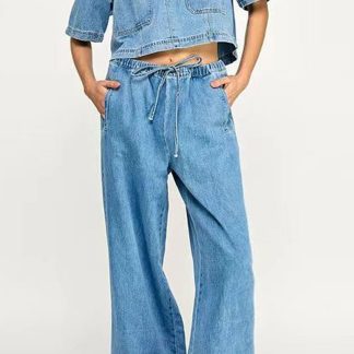 Women's short denim shirt with wide-leg pants suit
