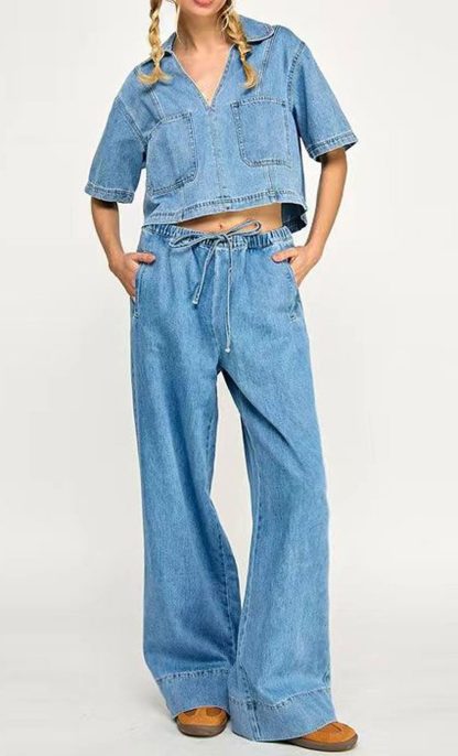 Women's short denim shirt with wide-leg pants suit