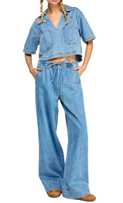 Women's short denim shirt with wide-leg pants suit - Image 7