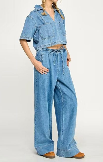 Women's short denim shirt with wide-leg pants suit - Image 6