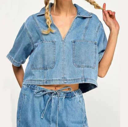 Women's short denim shirt with wide-leg pants suit - Image 5