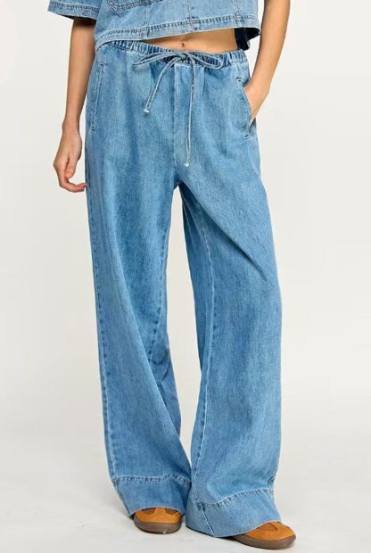 Women's short denim shirt with wide-leg pants suit - Image 4