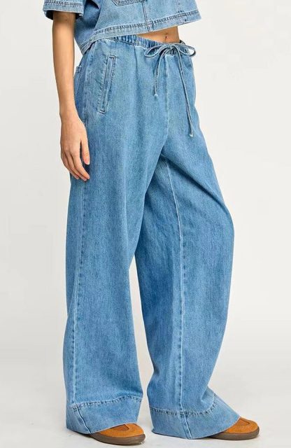 Women's short denim shirt with wide-leg pants suit - Image 3