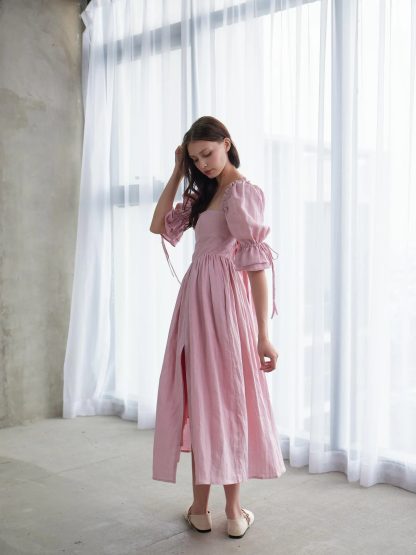 French Square Neck Puff Sleeve Pink Dress - Image 7