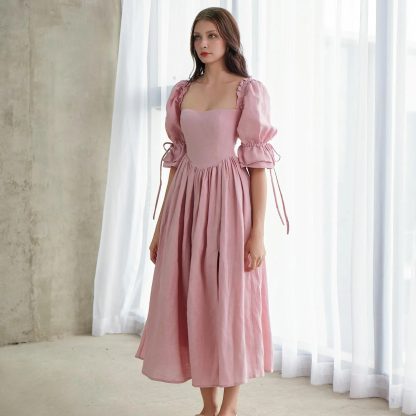 French Square Neck Puff Sleeve Pink Dress - Image 6