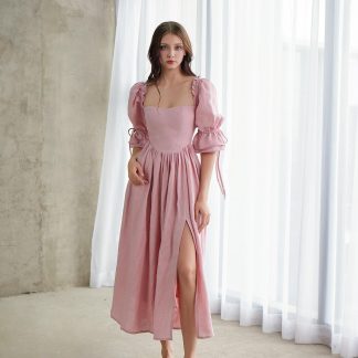 French Square Neck Puff Sleeve Pink Dress