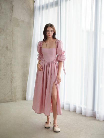 French Square Neck Puff Sleeve Pink Dress