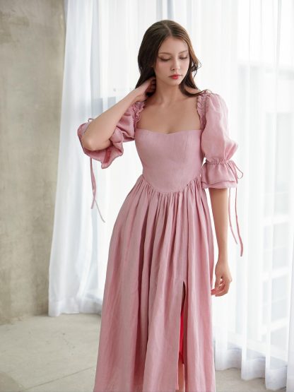 French Square Neck Puff Sleeve Pink Dress - Image 4