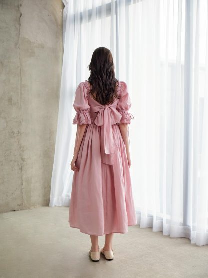 French Square Neck Puff Sleeve Pink Dress - Image 3