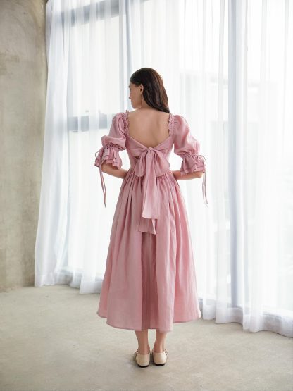 French Square Neck Puff Sleeve Pink Dress - Image 2