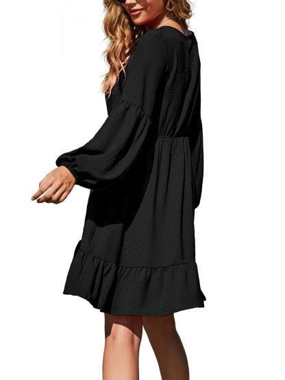 French V-neck Lantern Sleeve Ruffle Dress - Image 4