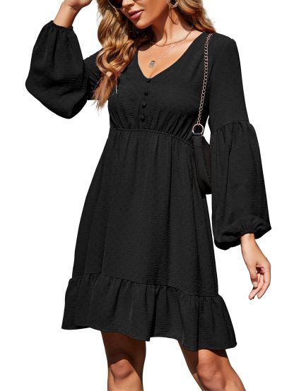 French V-neck Lantern Sleeve Ruffle Dress - Image 3