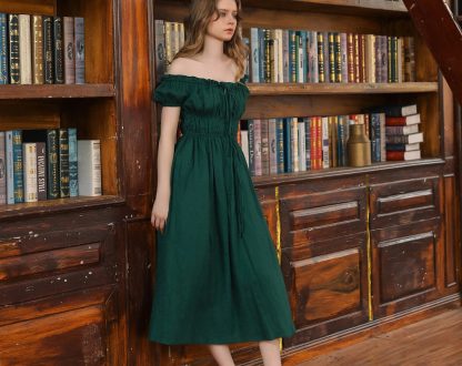 Retro palace style one-shoulder dark green dress - Image 6