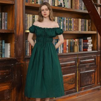 Retro palace style one-shoulder dark green dress