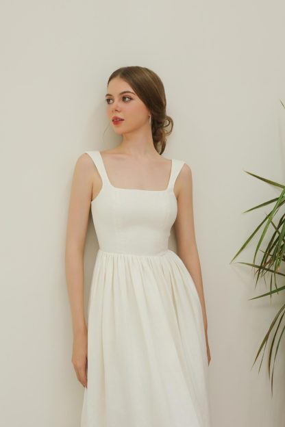 French style white square neck sleeveless dress