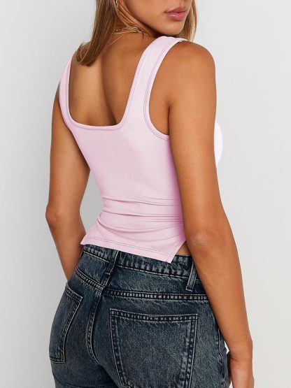 Women's Pink Square Neck Pleated Sleeveless Top - Image 3