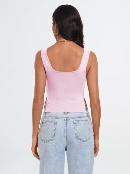 Women's Pink Square Neck Pleated Sleeveless Top - Image 2