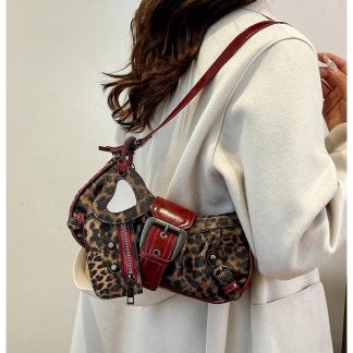 Fashionable leopard print multi-buckle underarm bag