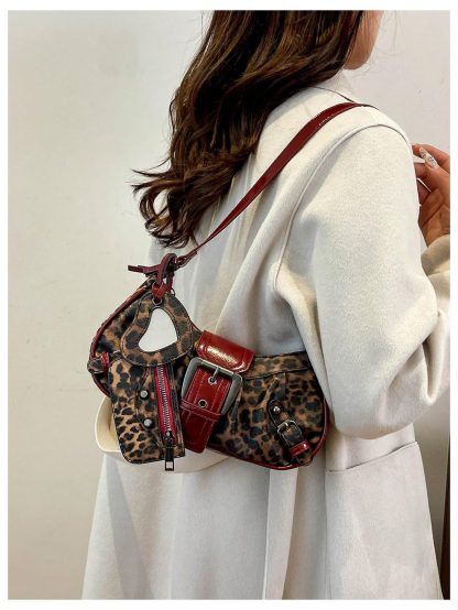 Fashionable leopard print multi-buckle underarm bag