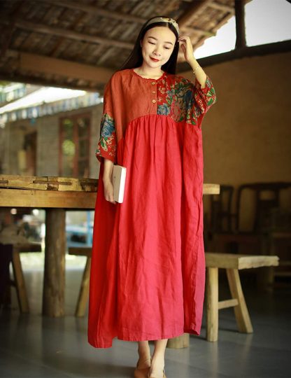 Red rhyme splicing retro contrast color long skirt - Image 8
