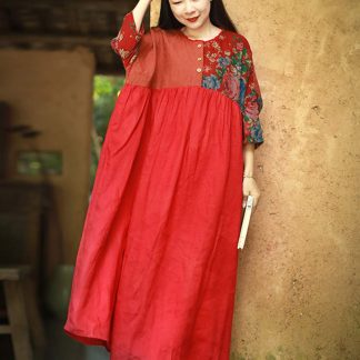Red rhyme splicing retro contrast color long skirt
