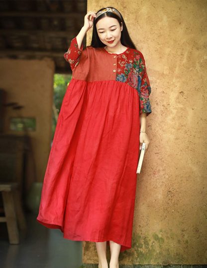 Red rhyme splicing retro contrast color long skirt