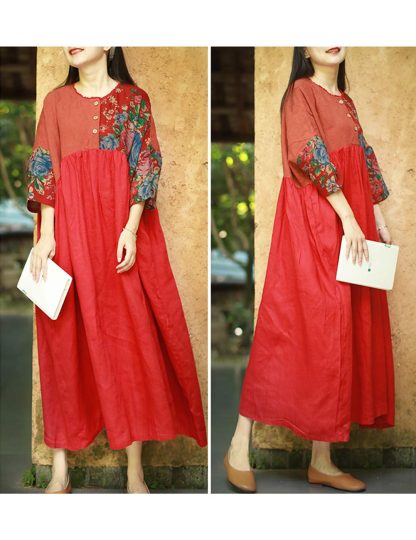 Red rhyme splicing retro contrast color long skirt - Image 4
