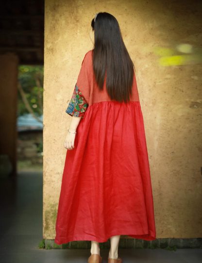 Red rhyme splicing retro contrast color long skirt - Image 3