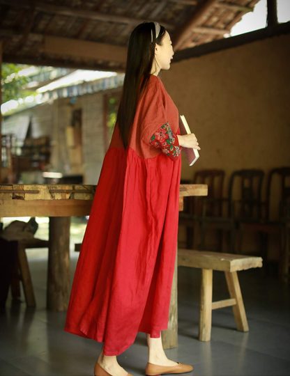 Red rhyme splicing retro contrast color long skirt - Image 2
