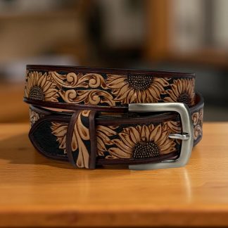 Sunflower-carved leather belt