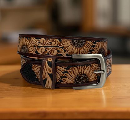 Sunflower-carved leather belt