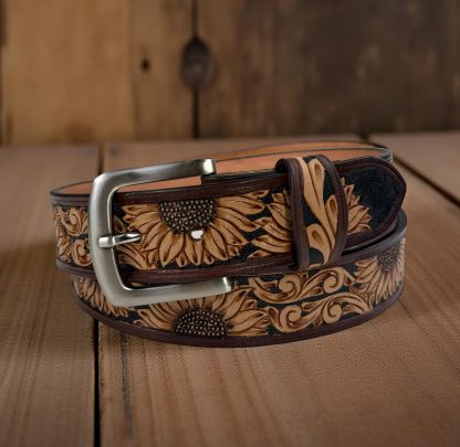 Sunflower-carved leather belt - Image 3