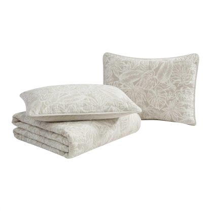 Light Gray Leaf Pattern Quilted Three-Piece Bedspread Set - Image 3