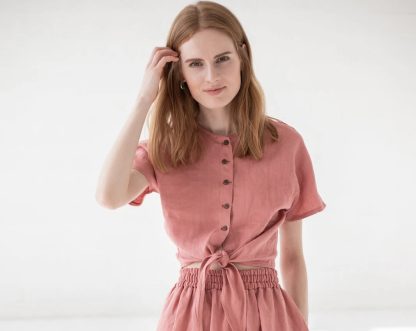 Women's Linen Button Front Tie Hem Top - Image 6
