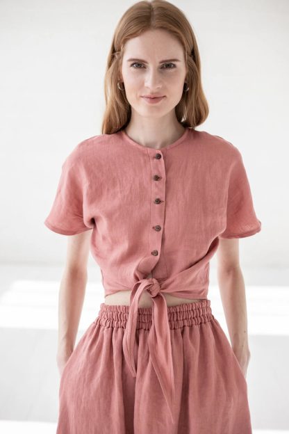 Women's Linen Button Front Tie Hem Top - Image 5
