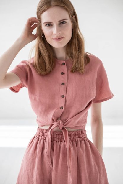 Women's Linen Button Front Tie Hem Top - Image 3