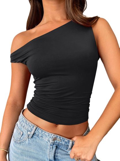 Women's black one-shoulder pleated top - Image 6