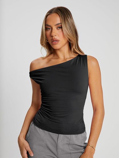Women's black one-shoulder pleated top - Image 5
