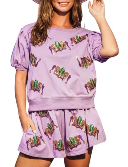 Women's Purple Cactus Print Sweatshirt and Shorts Set