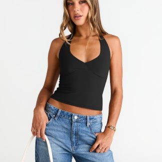 Women's Black Halter Neck Deep V Sleeveless Cropped Top