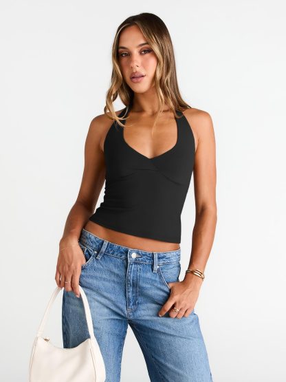 Women's Black Halter Neck Deep V Sleeveless Cropped Top