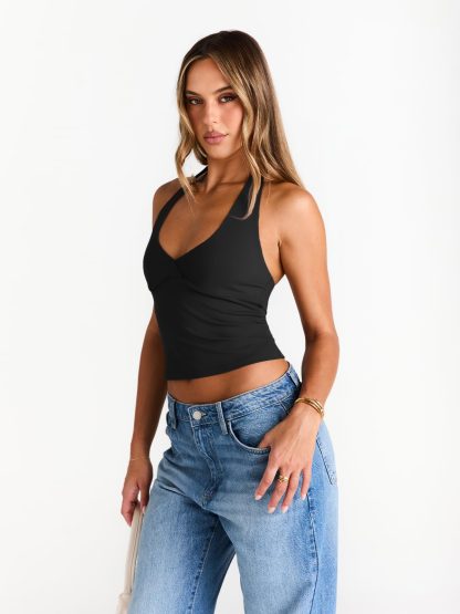 Women's Black Halter Neck Deep V Sleeveless Cropped Top - Image 3