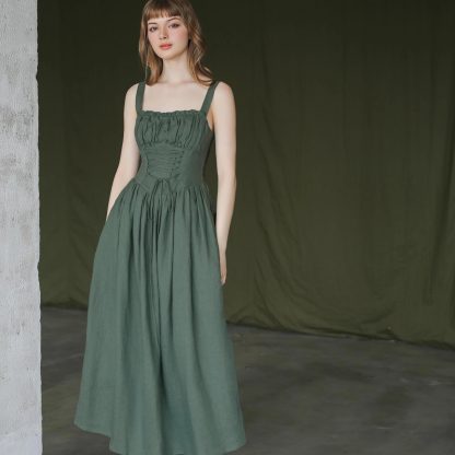 Forest green linen slip dress - Image 5